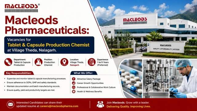 Macleods Pharmaceuticals: Vacancies for Tablet & Capsule Production Chemist