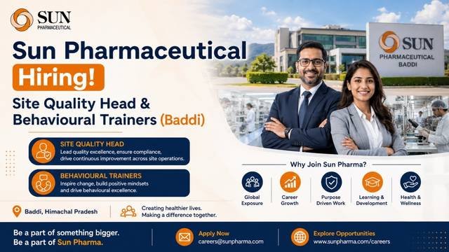 Sun Pharmaceutical Hiring | Site Quality Head & Behavioural Trainers (Baddi)